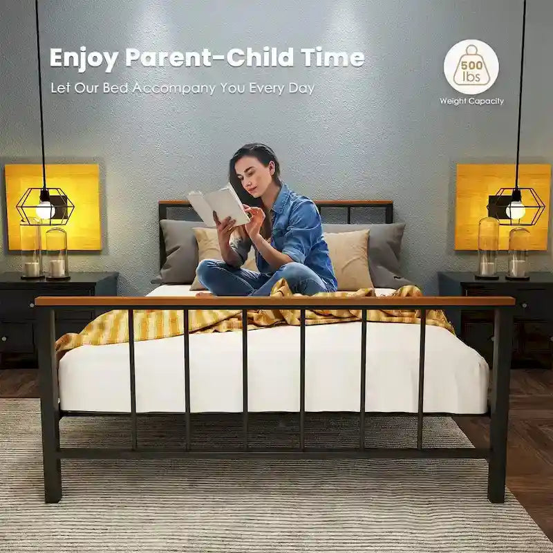 Base de cama con plataforma de metal negro con cabecera y pie de cama cruzados, individual/matrimonial/queen, 1-2 personas