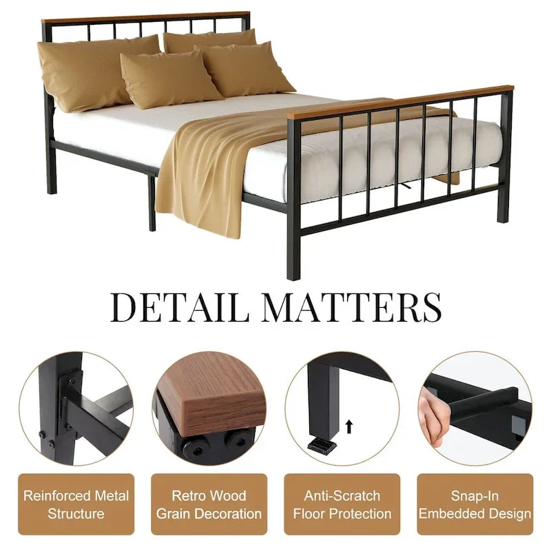 Base de cama con plataforma de metal negro con cabecera y pie de cama cruzados, individual/matrimonial/queen, 1-2 personas