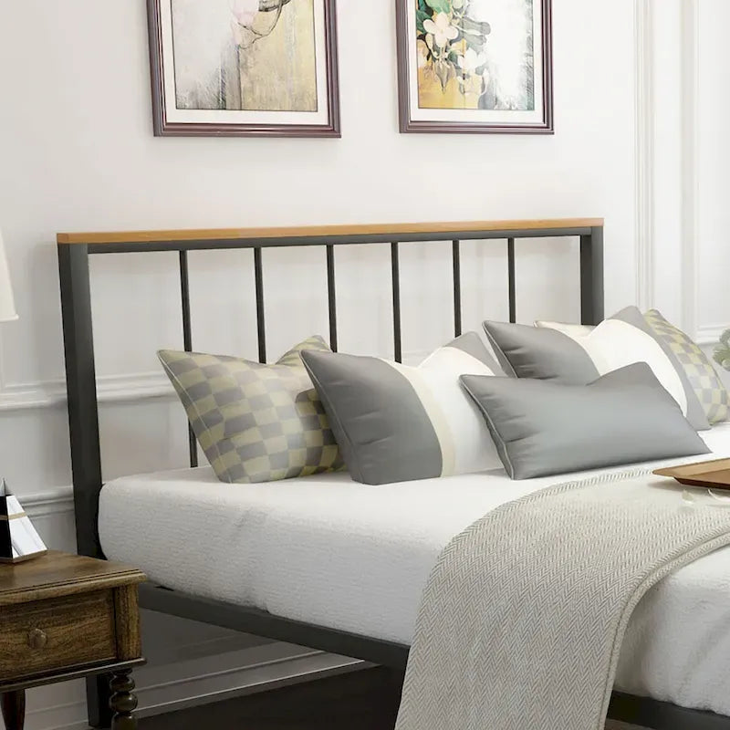 Base de cama con plataforma de metal negro con cabecera y pie de cama cruzados, individual/matrimonial/queen, 1-2 personas