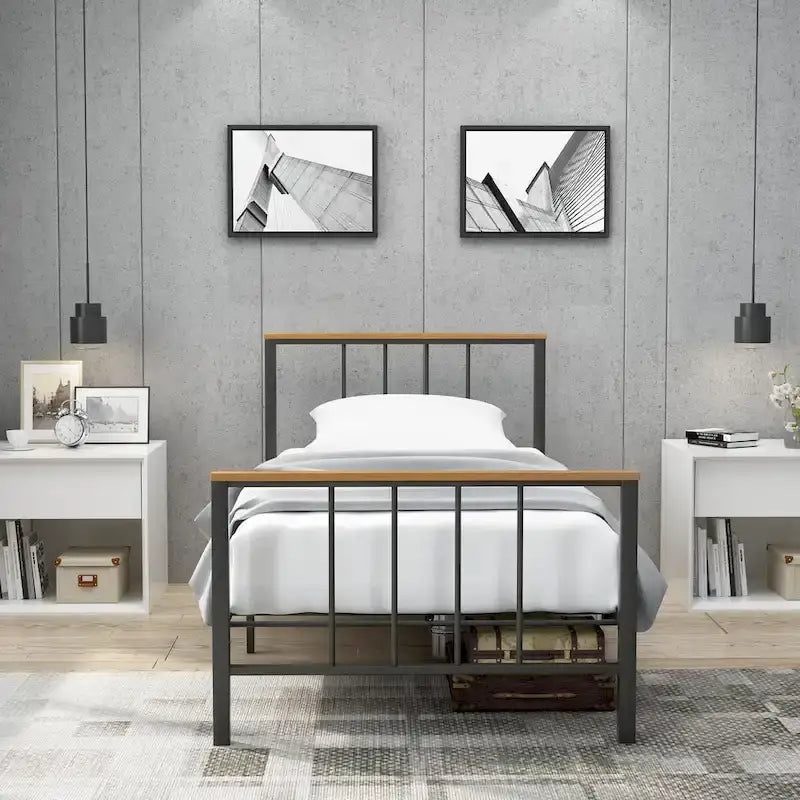 Base de cama con plataforma de metal negro con cabecera y pie de cama cruzados, individual/matrimonial/queen, 1-2 personas