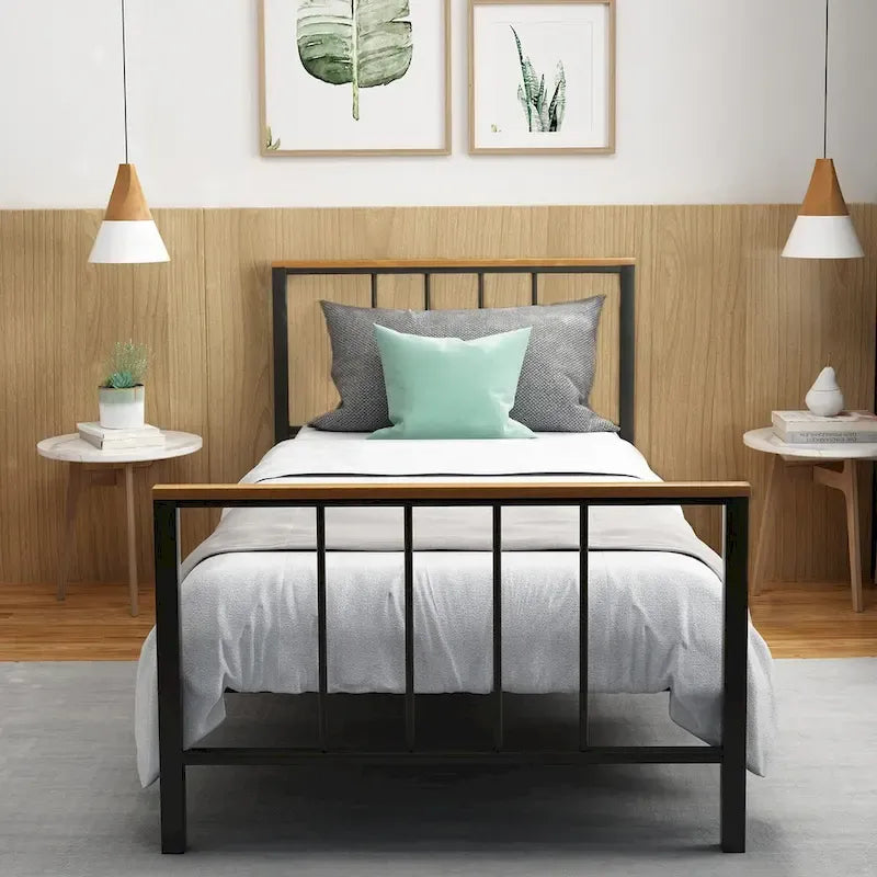 Base de cama con plataforma de metal negro con cabecera y pie de cama cruzados, individual/matrimonial/queen, 1-2 personas