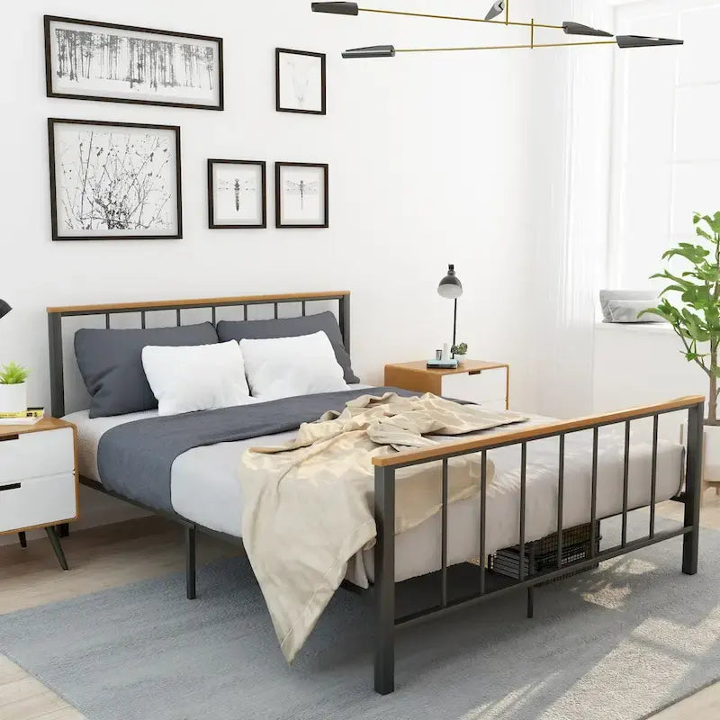 Base de cama con plataforma de metal negro con cabecera y pie de cama cruzados, individual/matrimonial/queen, 1-2 personas