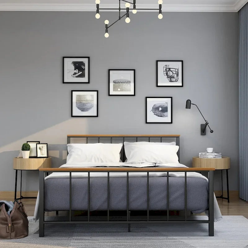 Base de cama con plataforma de metal negro con cabecera y pie de cama cruzados, individual/matrimonial/queen, 1-2 personas
