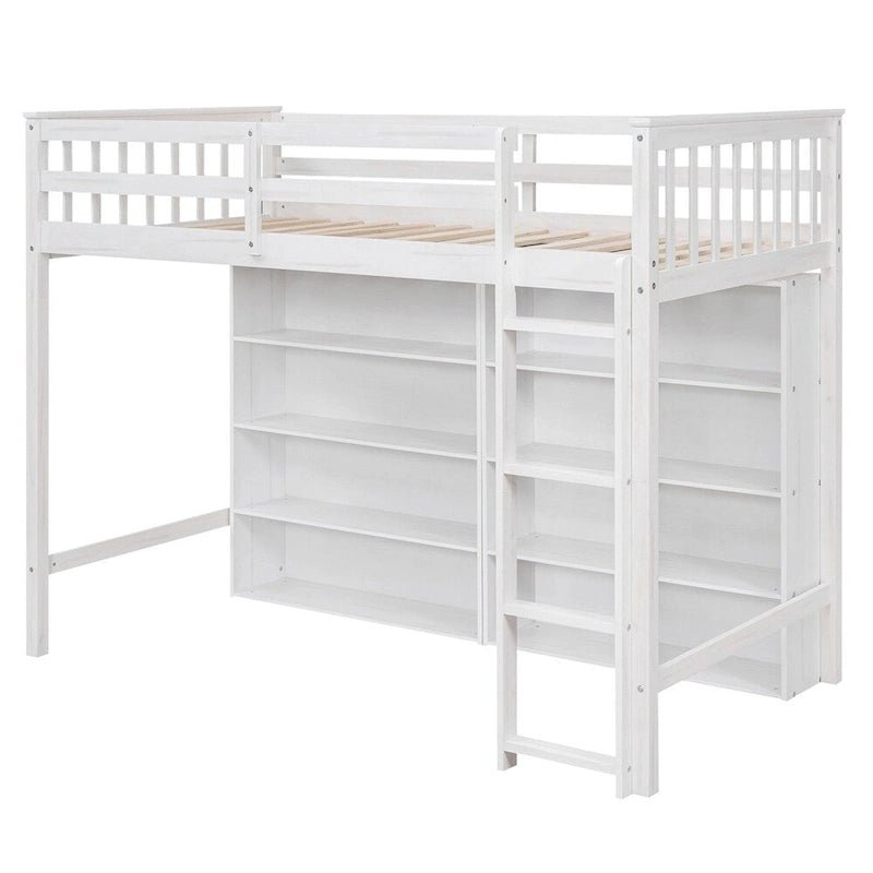 Cama alta individual blanca/gris con 8 estantes de almacenamiento y escalera, capacidad para 1 persona