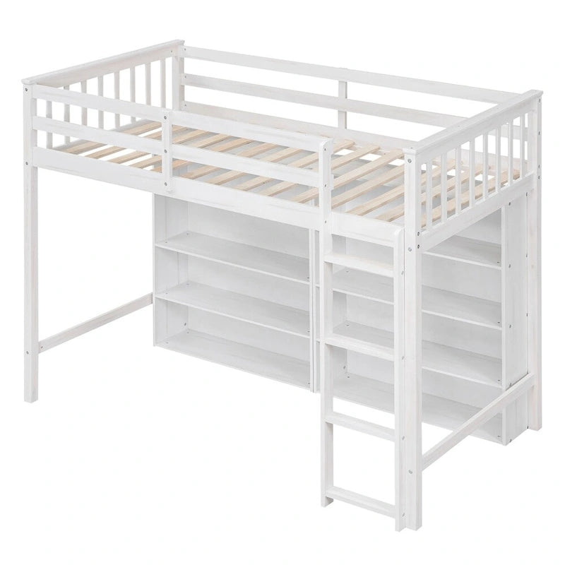 Cama alta individual blanca/gris con 8 estantes de almacenamiento y escalera, capacidad para 1 persona
