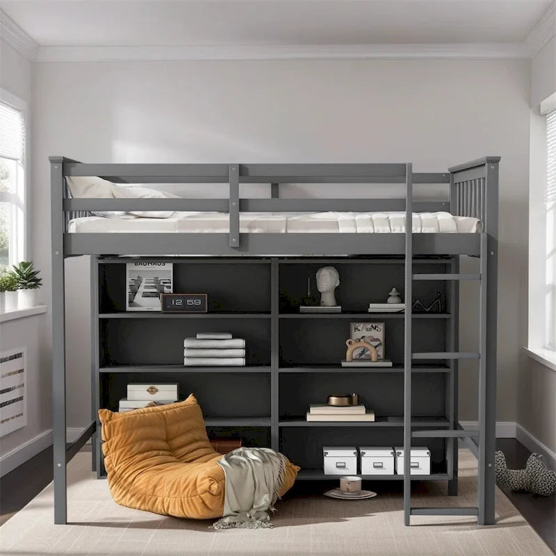 Cama alta individual blanca/gris con 8 estantes de almacenamiento y escalera, capacidad para 1 persona
