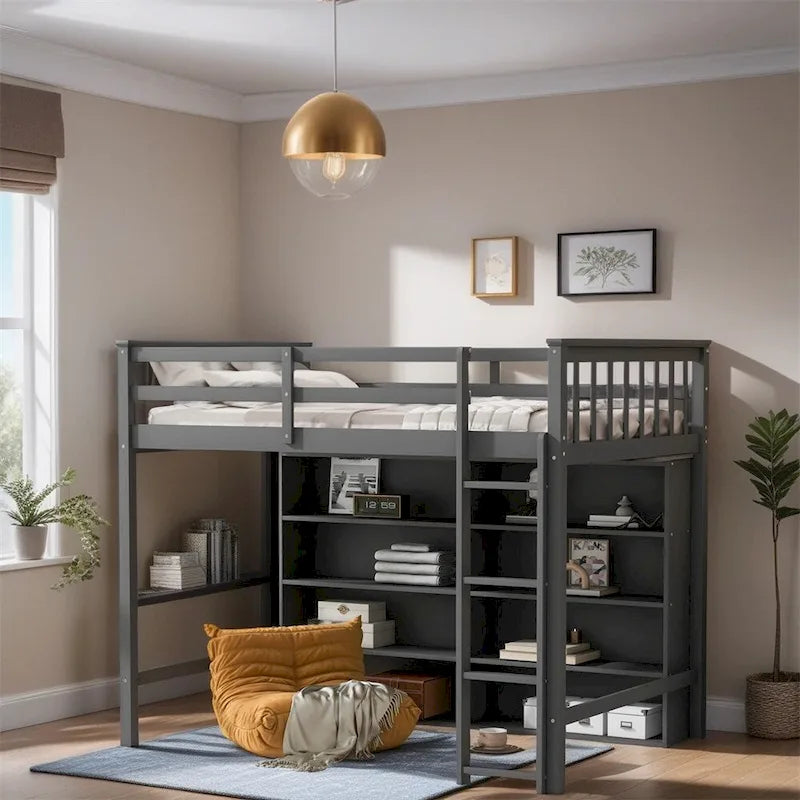 Cama alta individual blanca/gris con 8 estantes de almacenamiento y escalera, capacidad para 1 persona