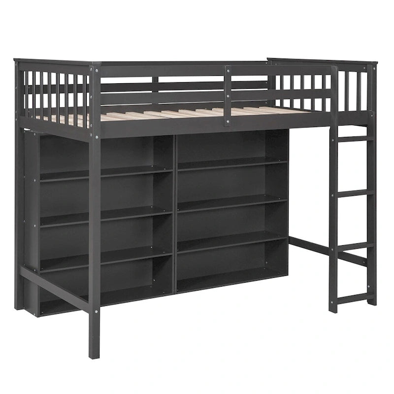 Cama alta individual blanca/gris con 8 estantes de almacenamiento y escalera, capacidad para 1 persona