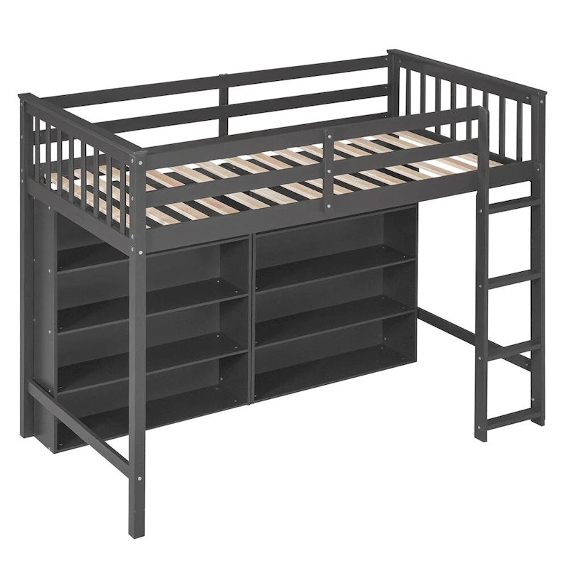 Cama alta individual blanca/gris con 8 estantes de almacenamiento y escalera, capacidad para 1 persona