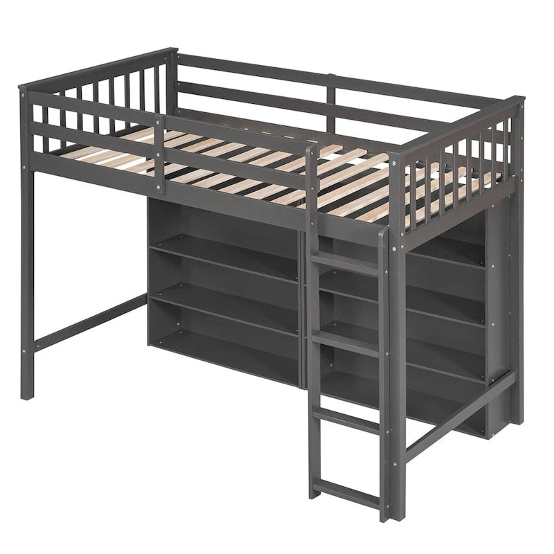 Cama alta individual blanca/gris con 8 estantes de almacenamiento y escalera, capacidad para 1 persona