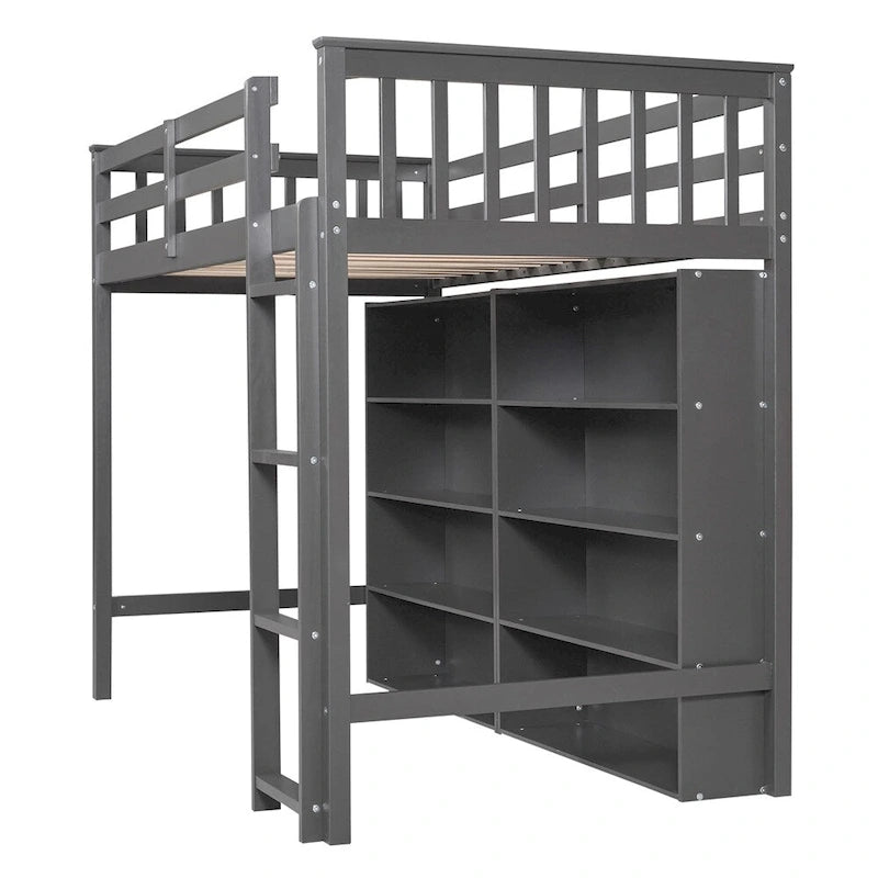 Cama alta individual blanca/gris con 8 estantes de almacenamiento y escalera, capacidad para 1 persona