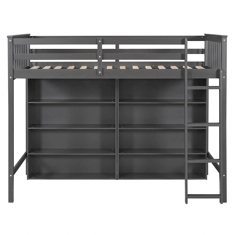Cama alta individual blanca/gris con 8 estantes de almacenamiento y escalera, capacidad para 1 persona