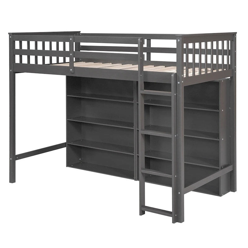 Cama alta individual blanca/gris con 8 estantes de almacenamiento y escalera, capacidad para 1 persona