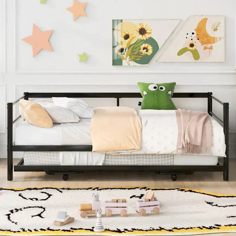 Cama de día individual de metal negro con nido elevable, para 2 personas, estilo industrial