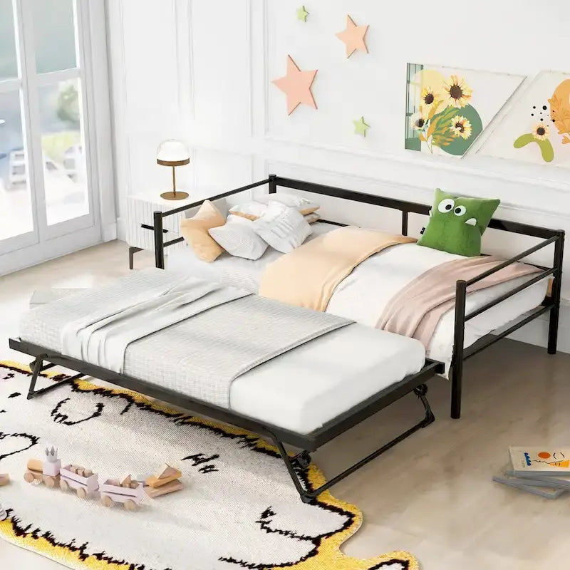 Cama de día individual de metal negro con nido elevable, para 2 personas, estilo industrial