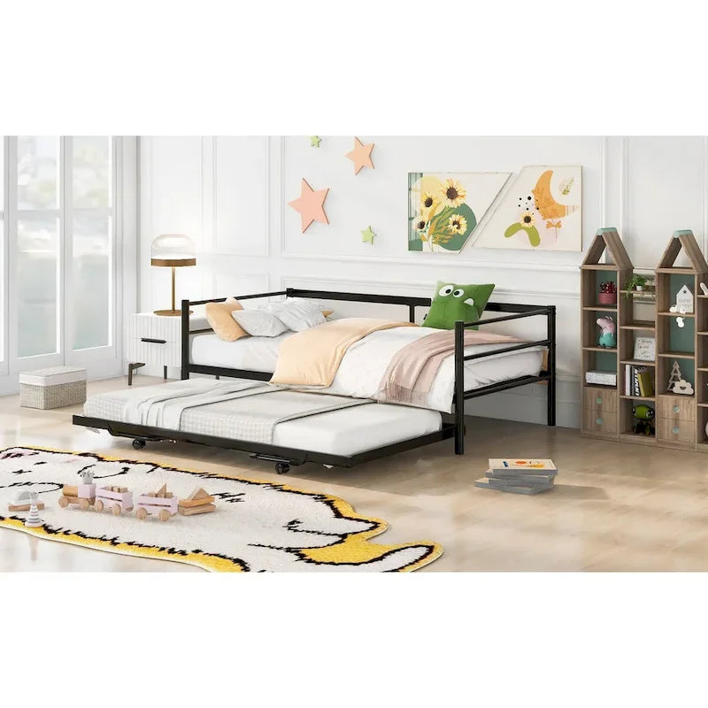 Cama de día individual de metal negro con nido elevable, para 2 personas, estilo industrial