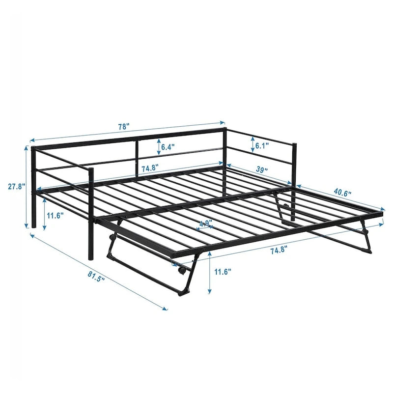 Cama de día individual de metal negro con nido elevable, para 2 personas, estilo industrial