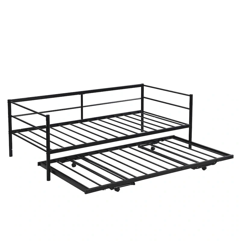 Cama de día individual de metal negro con nido elevable, para 2 personas, estilo industrial