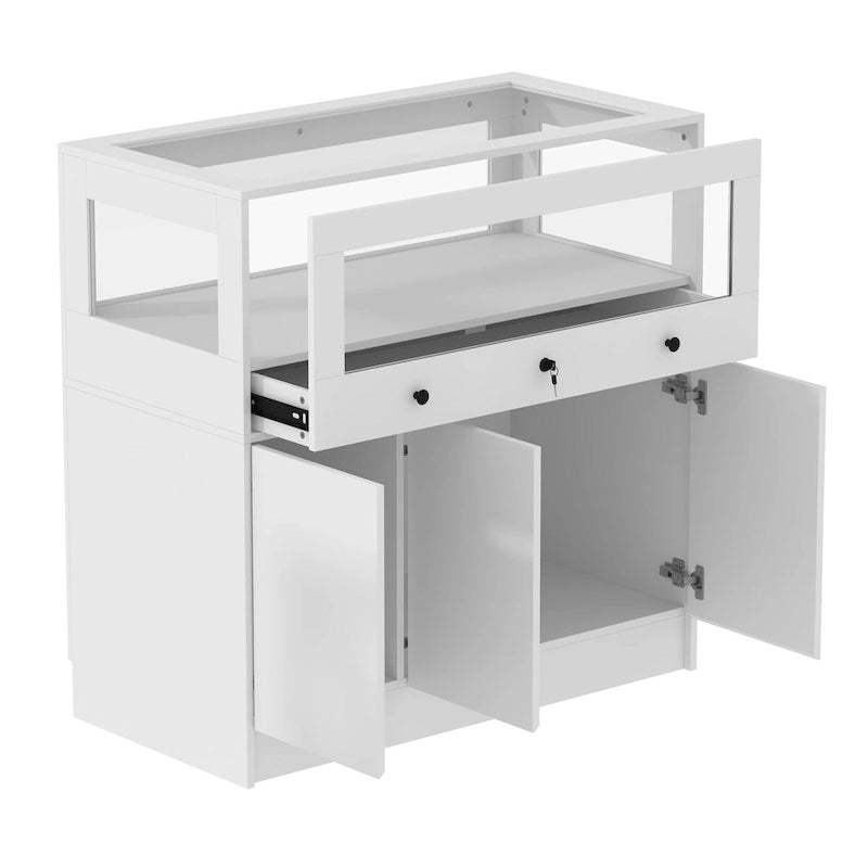 Vitrina Blanca de Madera con Tapa de Cristal, Puertas con Cerradura y Cajón, 1 Persona
