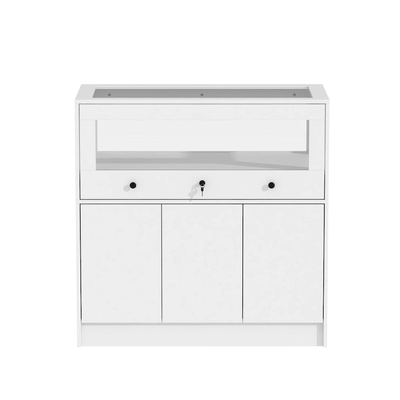Vitrina Blanca de Madera con Tapa de Cristal, Puertas con Cerradura y Cajón, 1 Persona