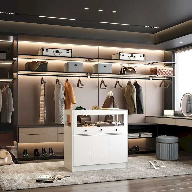 Vitrina Blanca de Madera con Tapa de Cristal, Puertas con Cerradura y Cajón, 1 Persona