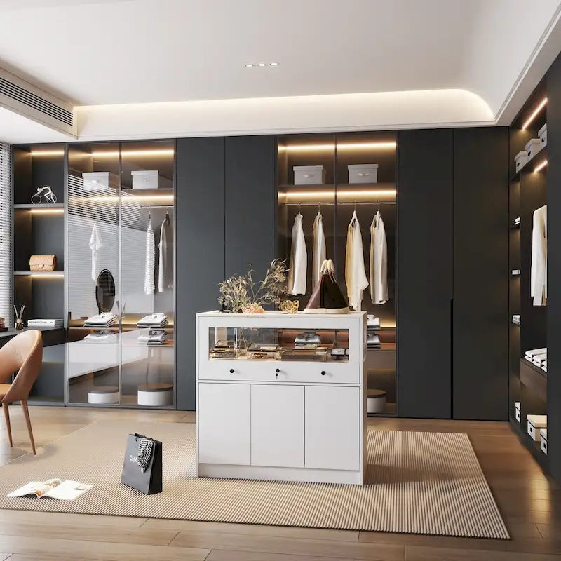 Vitrina Blanca de Madera con Tapa de Cristal, Puertas con Cerradura y Cajón, 1 Persona