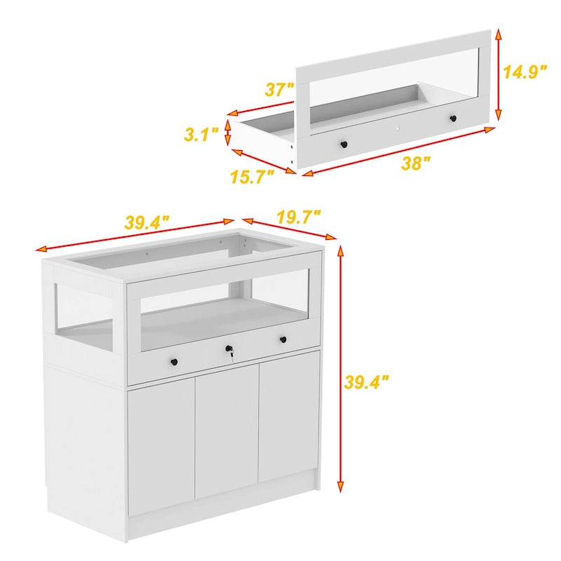 Vitrina Blanca de Madera con Tapa de Cristal, Puertas con Cerradura y Cajón, 1 Persona