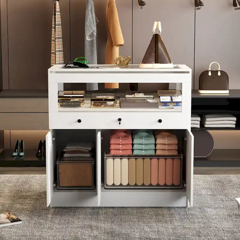 Vitrina Blanca de Madera con Tapa de Cristal, Puertas con Cerradura y Cajón, 1 Persona