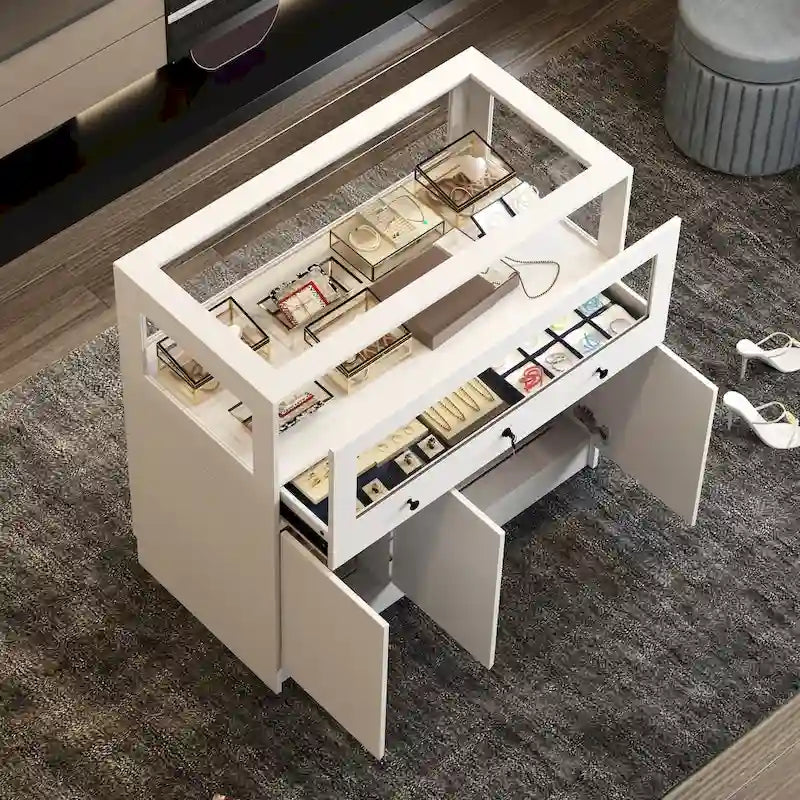 Vitrina Blanca de Madera con Tapa de Cristal, Puertas con Cerradura y Cajón, 1 Persona