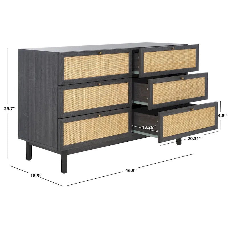 Cómoda de 6 cajones con frente de malla de ratán y tiradores dorados – Negro / Blanco blanqueado / Nogal / Roble / Negro envejecido