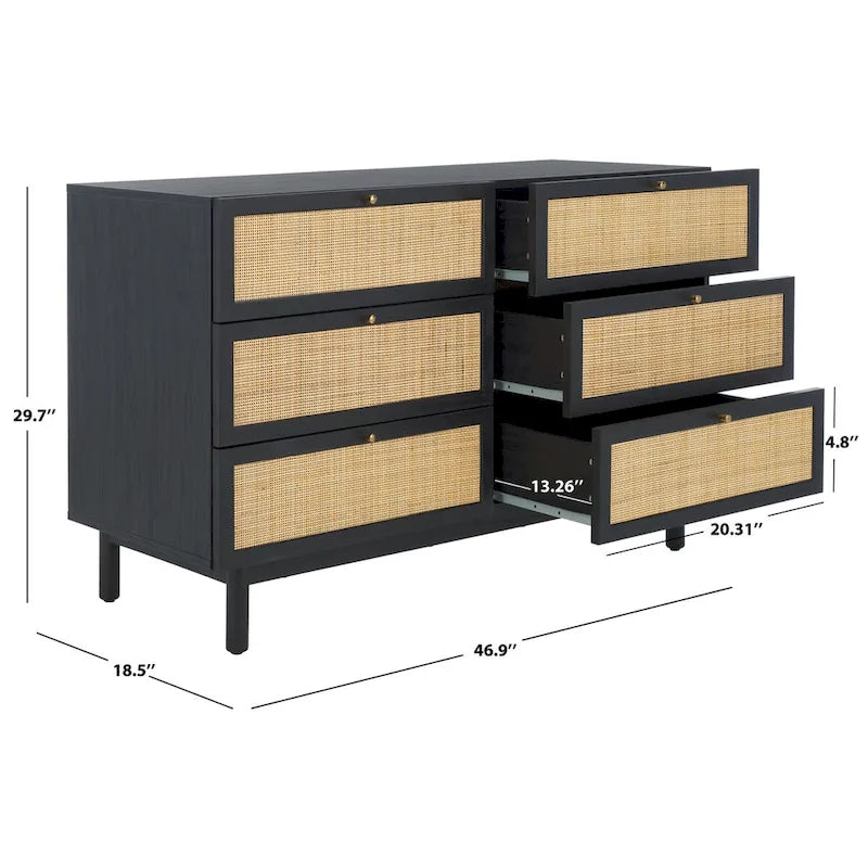 Cómoda de 6 cajones con frente de malla de ratán y tiradores dorados – Negro / Blanco blanqueado / Nogal / Roble / Negro envejecido