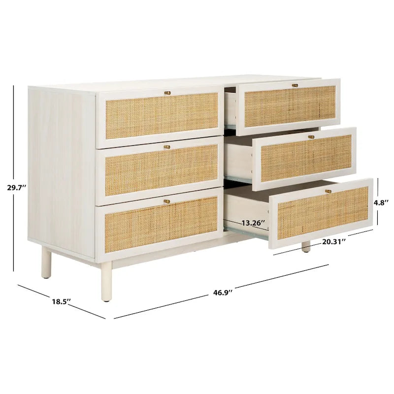 Cómoda de 6 cajones con frente de malla de ratán y tiradores dorados – Negro / Blanco blanqueado / Nogal / Roble / Negro envejecido